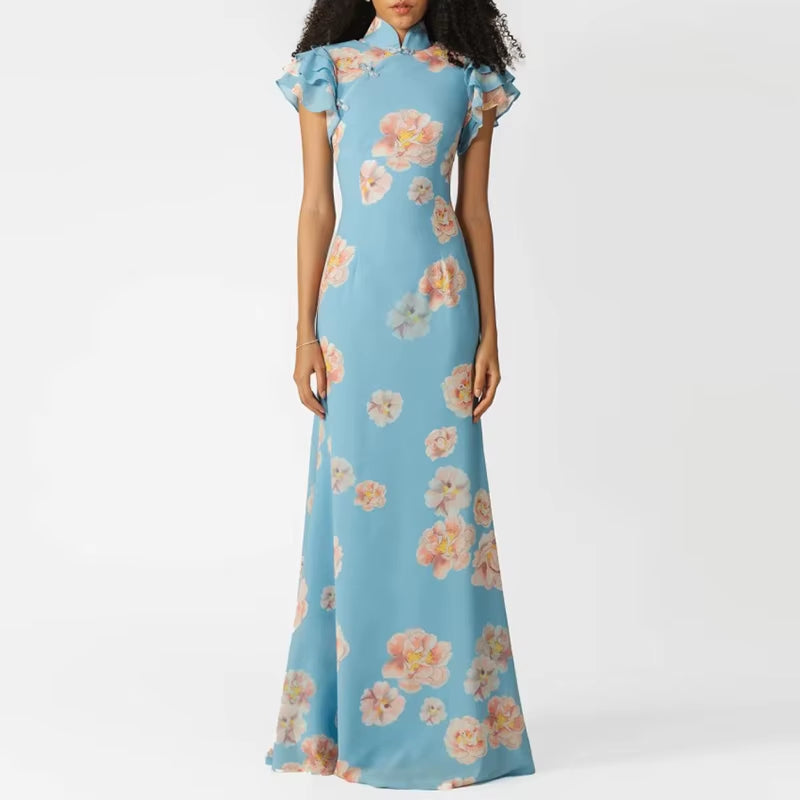 Breezy Elegance: Summer Ruffled Short Sleeved Slim Long Dress