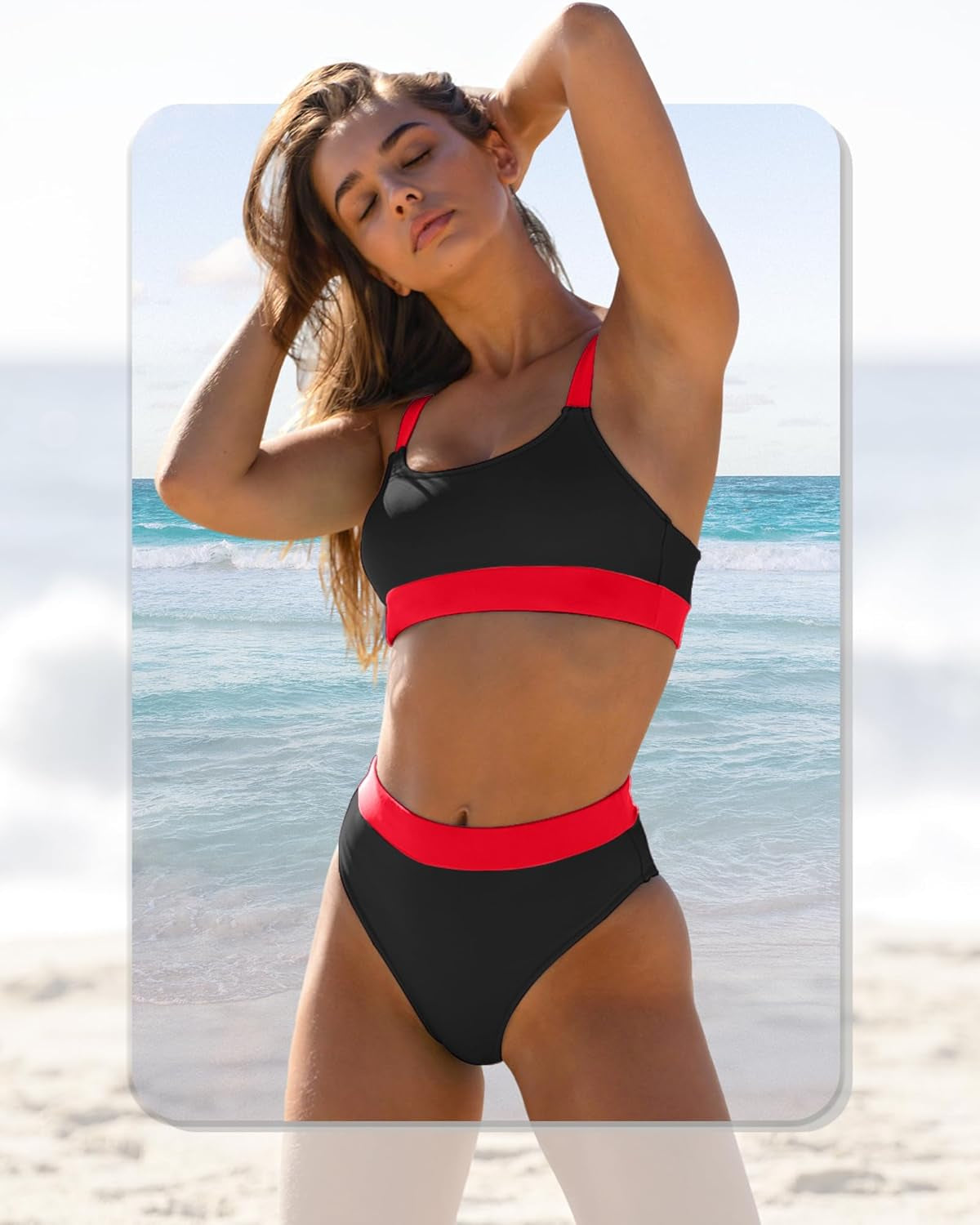 Women High Waisted Bikini Set Sports Color Block Swimsuit Scoop Neck Cheeky Bathing Suit