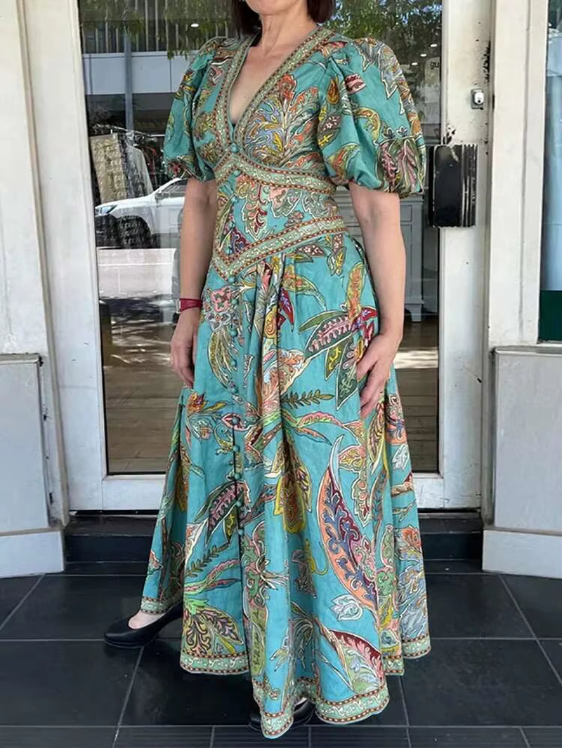 Timeless Grace: Vintage Lantern Sleeve V Neck Maxi Dress