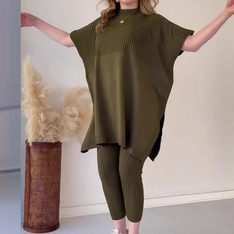Golden Hour Luxe: Autumn Knit Batwing Top & Casual Pant Set