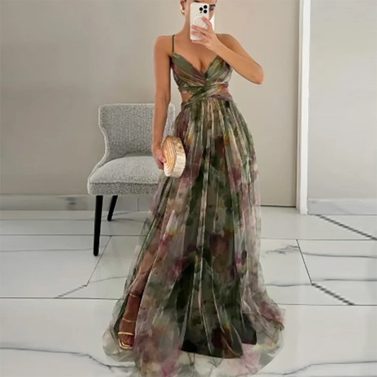 Elegant Pleated Mesh Evening Dress – off Shoulder, Backless, High Waist Long Vacation Dress for Women