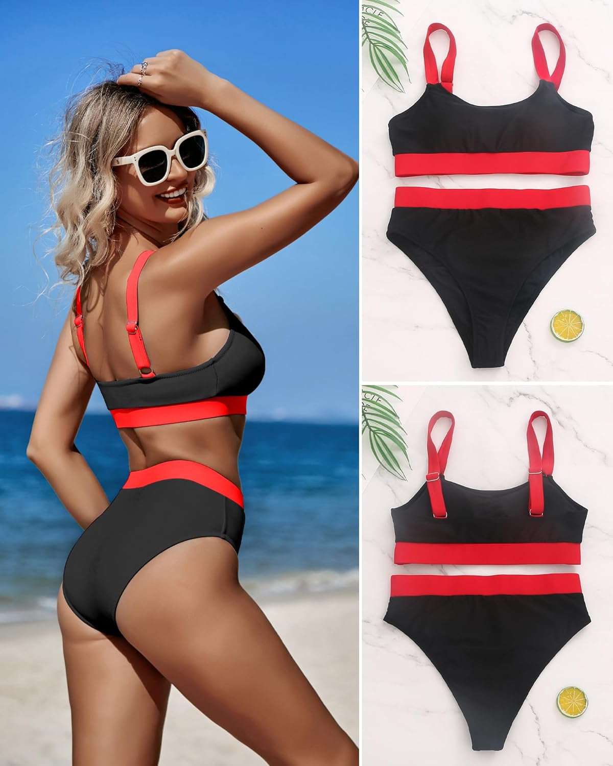 Women High Waisted Bikini Set Sports Color Block Swimsuit Scoop Neck Cheeky Bathing Suit