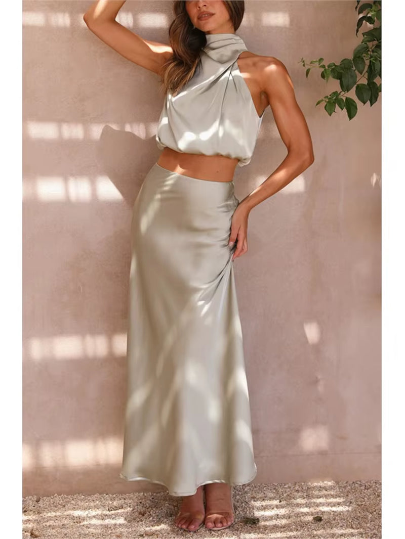 Satin Elegance: Women’S Two-Piece Sleeveless Long Skirt Set