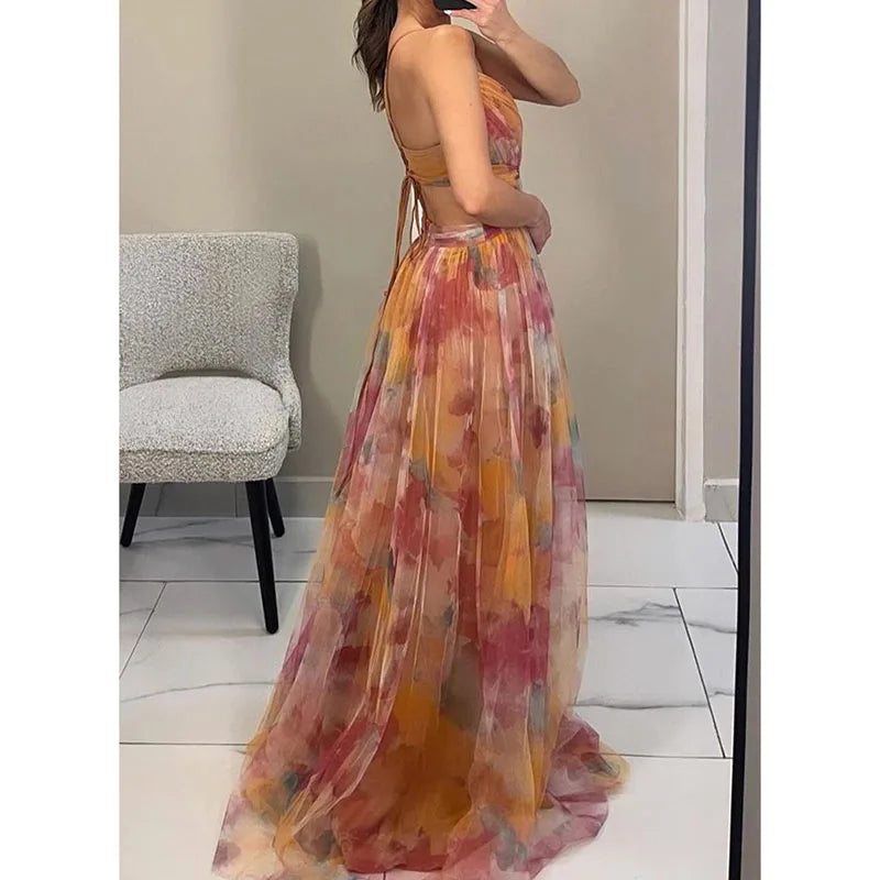 Elegant Pleated Mesh Evening Dress – off Shoulder, Backless, High Waist Long Vacation Dress for Women
