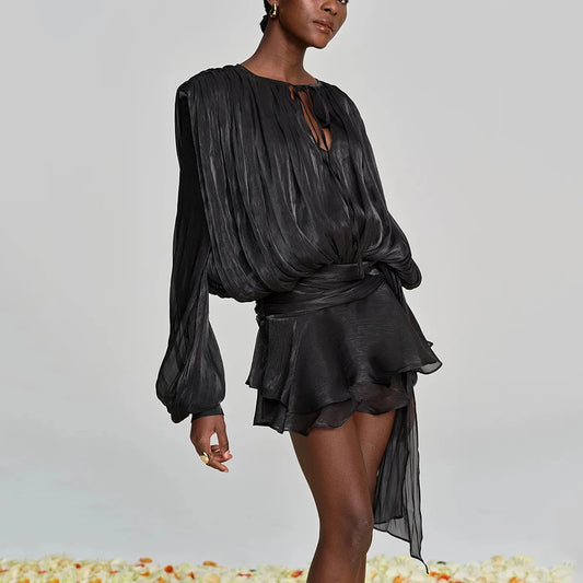 Velvichic™ Elegant Splice Lace-Up Dress – Long Sleeve, round Neck, Flowy Fit with Feminine Patchwork Detailing