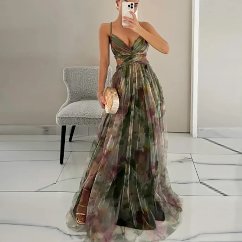 Elegant Pleated Mesh Evening Dress – off Shoulder, Backless, High Waist Long Vacation Dress for Women